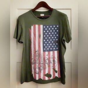 RARE Denim & Supply Ralph Lauren Flag Appliqué Distressed T-Shirt Green Medium